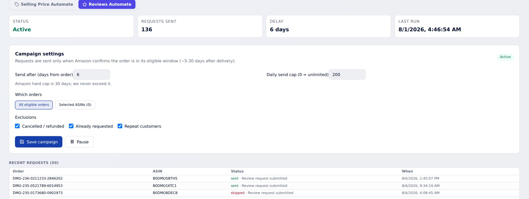 BI Adlytics automated review requests with send delay and a log of requests sent